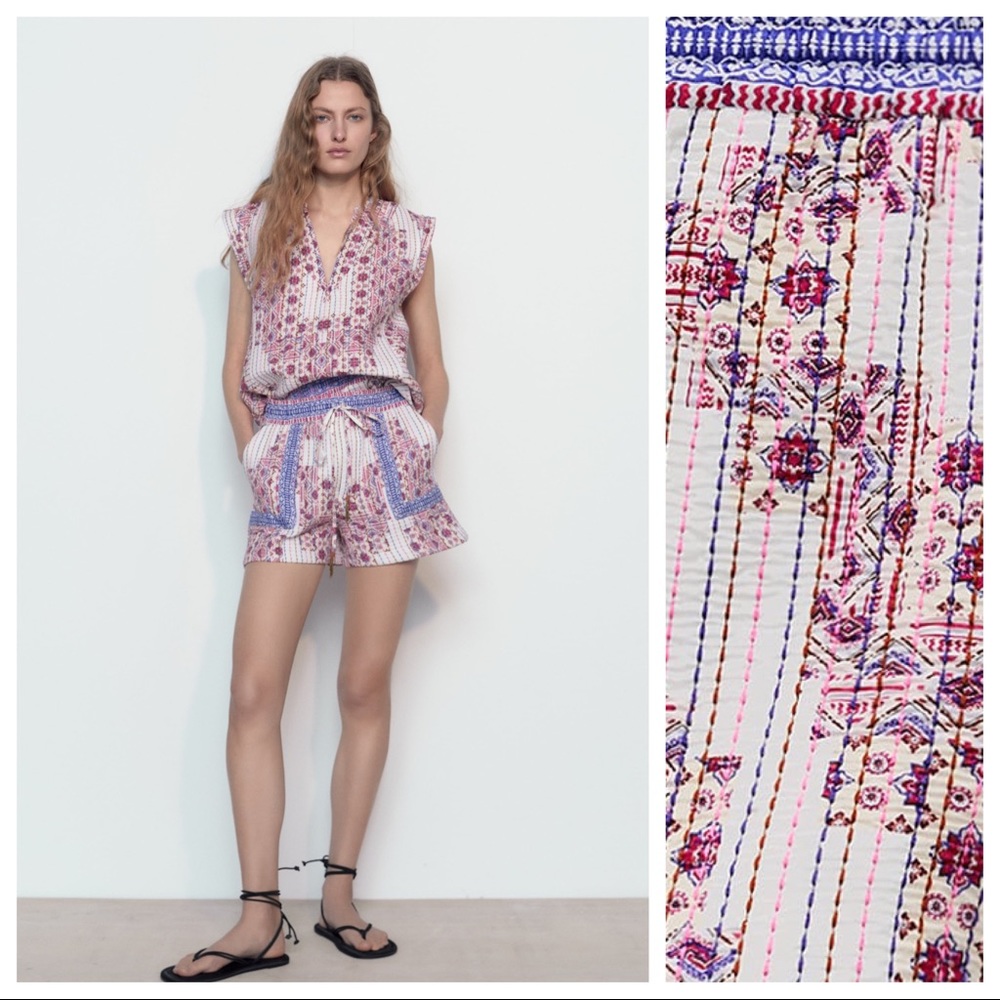 NWT. Zara White/Pink Patchwork Print Quilted Shorts. Size S.
